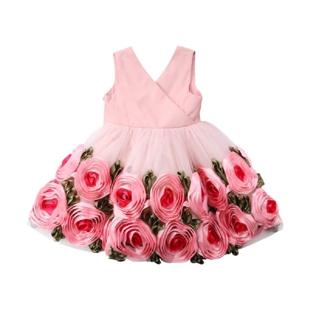 Kids Pink 3D Rose Flower Dress 