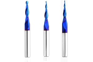 RUHIWORKER FOR INDUSTRIAL USE ONLY 3PCS 1/8 1/16 1/32 inch Cutting Diameter Tapered Ball Nose End Mill Set Spiral CNC Router Bits Nano Coated Up Cut Solid Carbide 2D and 3D Carving 3.6 Deg 5.4Deg 6.2Deg with 1/4 Inch Shank T4660BC