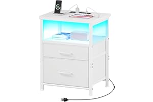 YeTom White Nightstand with Charging Station, LED Night Stand with 2 Fabric Drawers, Side Table with Open Shelf, End Table wi