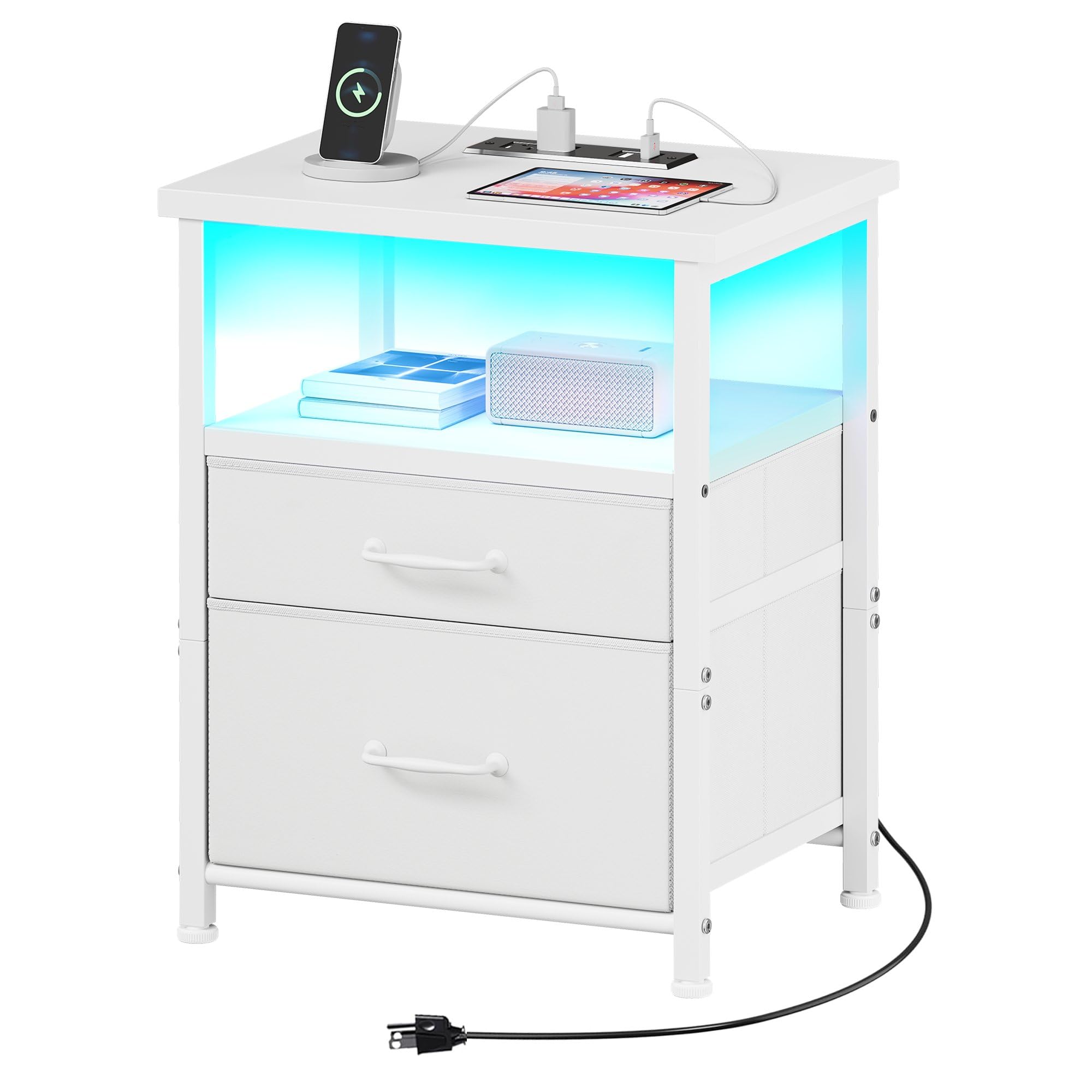 Photo 1 of ***NON FUNCTIONAL***(FOR PARTS ONLY)
YeTom White Nightstand with Charging Station, LED Night Stand with 2 Fabric Drawers, Side Table with Open Shelf, End Table with Outlets and USB Ports, 2 Drawer Dresser for Bedroom