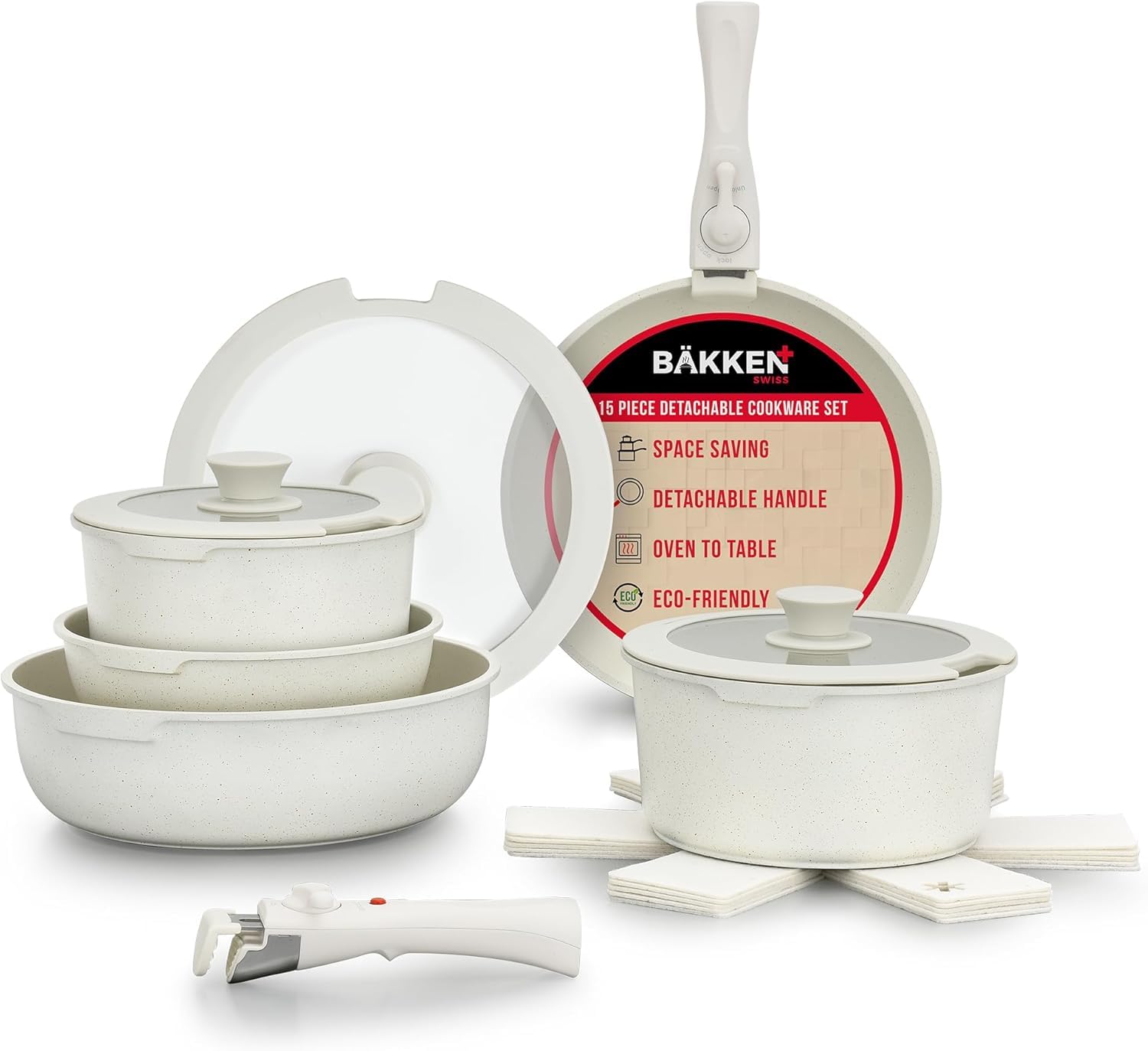 Bakken 15-Piece Non-Stick Cookware Set with Detachable Handles – Granite Stackable Pots and Pans Set, Dishwasher Safe, Oven-Safe, and Compatible Kitchen Essential for All Stoves – Cream Image