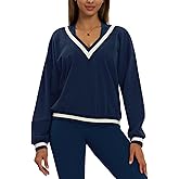 ABOCIW Sweatshirt for Women V Neck Collar Color Block Long Sleeve Pullover Tops Fall Fashion Outfits Winter Clothes 2025