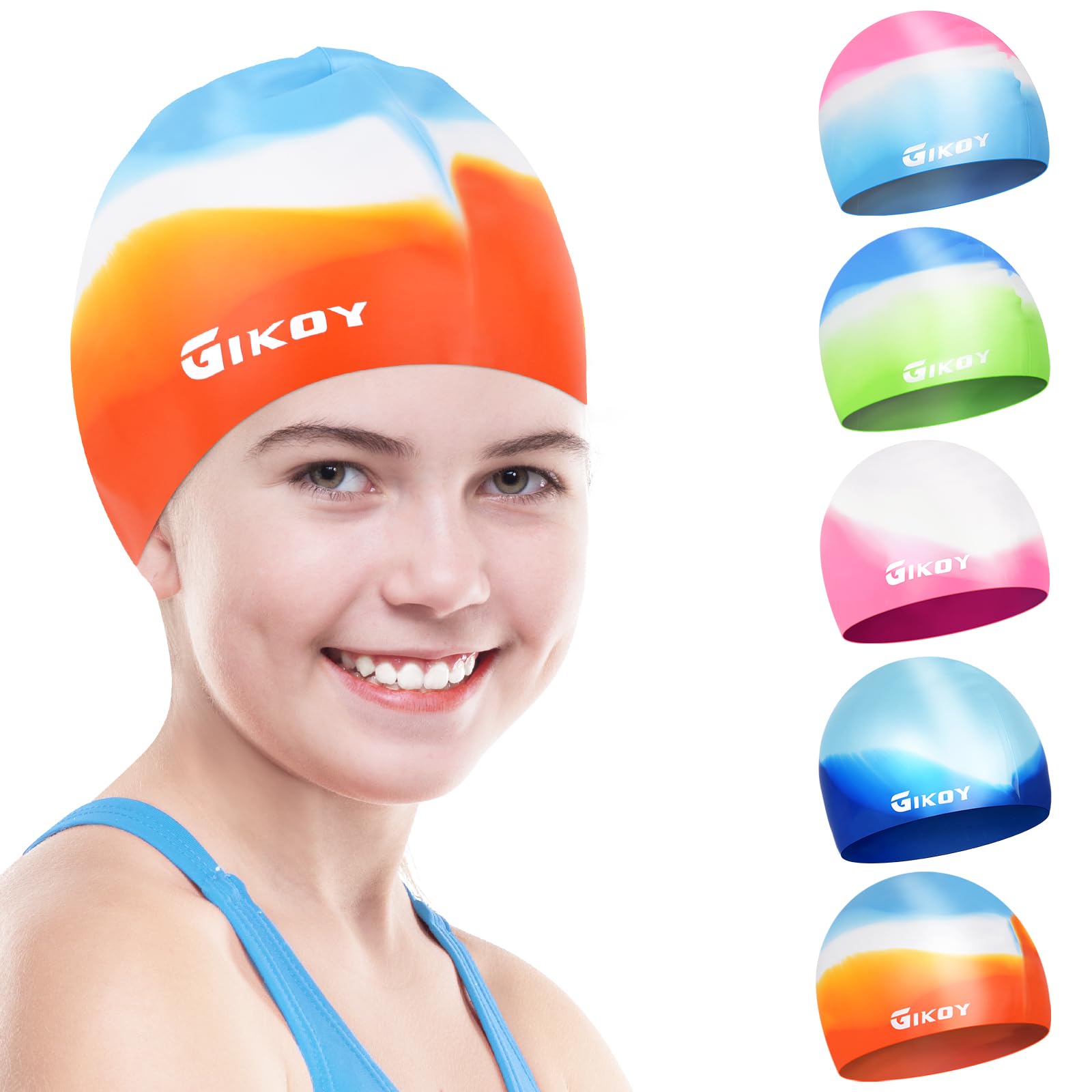 Swimming Cap Kids, Swim Caps for Girls Boys Children Aged 5-14, GIKOY Comfortable Stretchable Swimming Hats for Long Hair, Silicone Odour Free Waterproof Swim Hat, Non-Slip lining & Keep Hair Dry