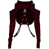AULKEEP Gothic Punk Long Sleeve Cold Shoulder Hooded Crop Tops Buckle Strap Hoodie Sweatshirt
