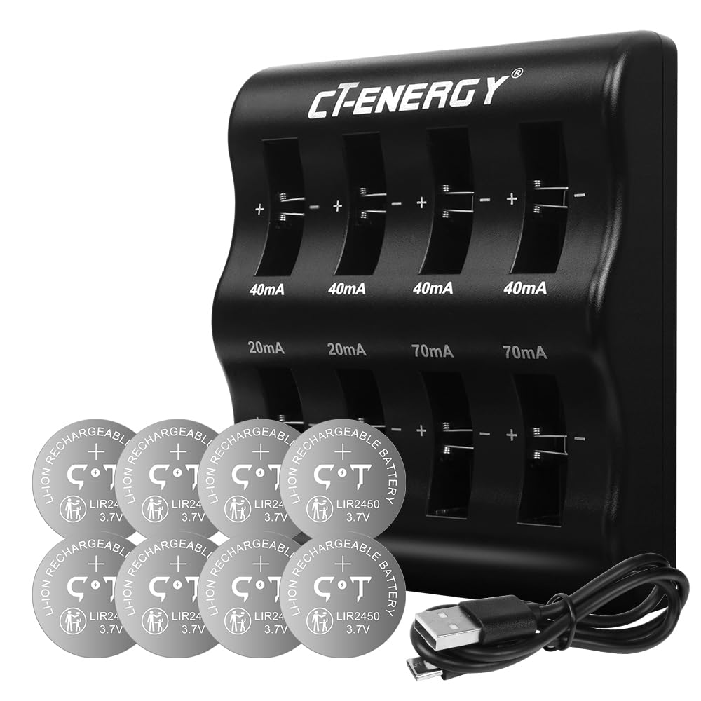 2450 Lithium Battery Rechargeable with Coin Battery Charger Charging 3.7Volt LIR2450 110mAh Button Battery 8 Packs for keyless Remote