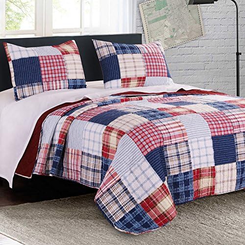 Finely Stitched Quilt Set with Sham Brushed Microfiber Print Stripe Plaid Pattern Bedding Navy Blue Red Luxury Reversible Bedspread Single Twin Size - Includes Bed Sheet Straps