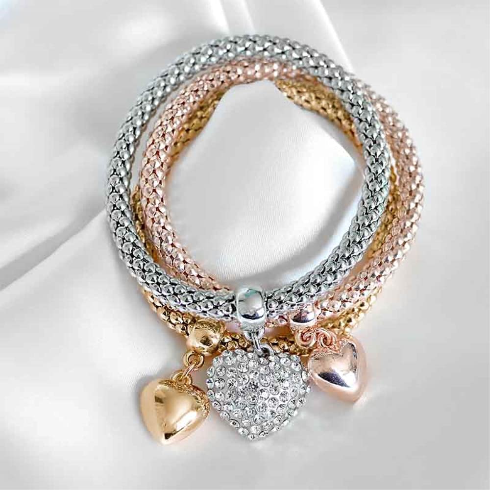 SILANER Crystal Charms Multilayer Bracelets - 3PCS Gold/Silver/Rose Gold Corn Chain Bracelet for Women, Tree of Life Heart Shaped Stretch Bracelet