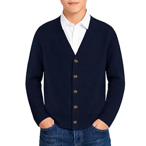 Haloumoning Boys Waffle Textured Cardigan Sweater Button Down Sweaters | Kids Casual V Neck Cardigans, School Uniform Outerwe