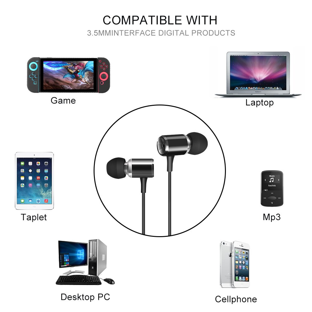 Wired Metal Earphones AIFEIMEI In-ear Heavy Bass Stereo Earbuds Headphones Volume Control with Microphone Headset Sport Gym Running for iPhone iOS/Android 3.5mm jack +Carrying Case (BLACK)