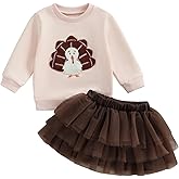 Karuedoo Toddler Baby Girl Thanksgiving Outfit Football Turkey Embroidery Crewneck Sweatshirt Top Tutu Skirt Set Fall Clothes