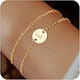 Gemynix Initial Bracelets for Women — 18K Gold Plated Layered Beaded Letter Bracelet Personalized Disc Monogram Charm Bracelet for Women Jewelry Gifts