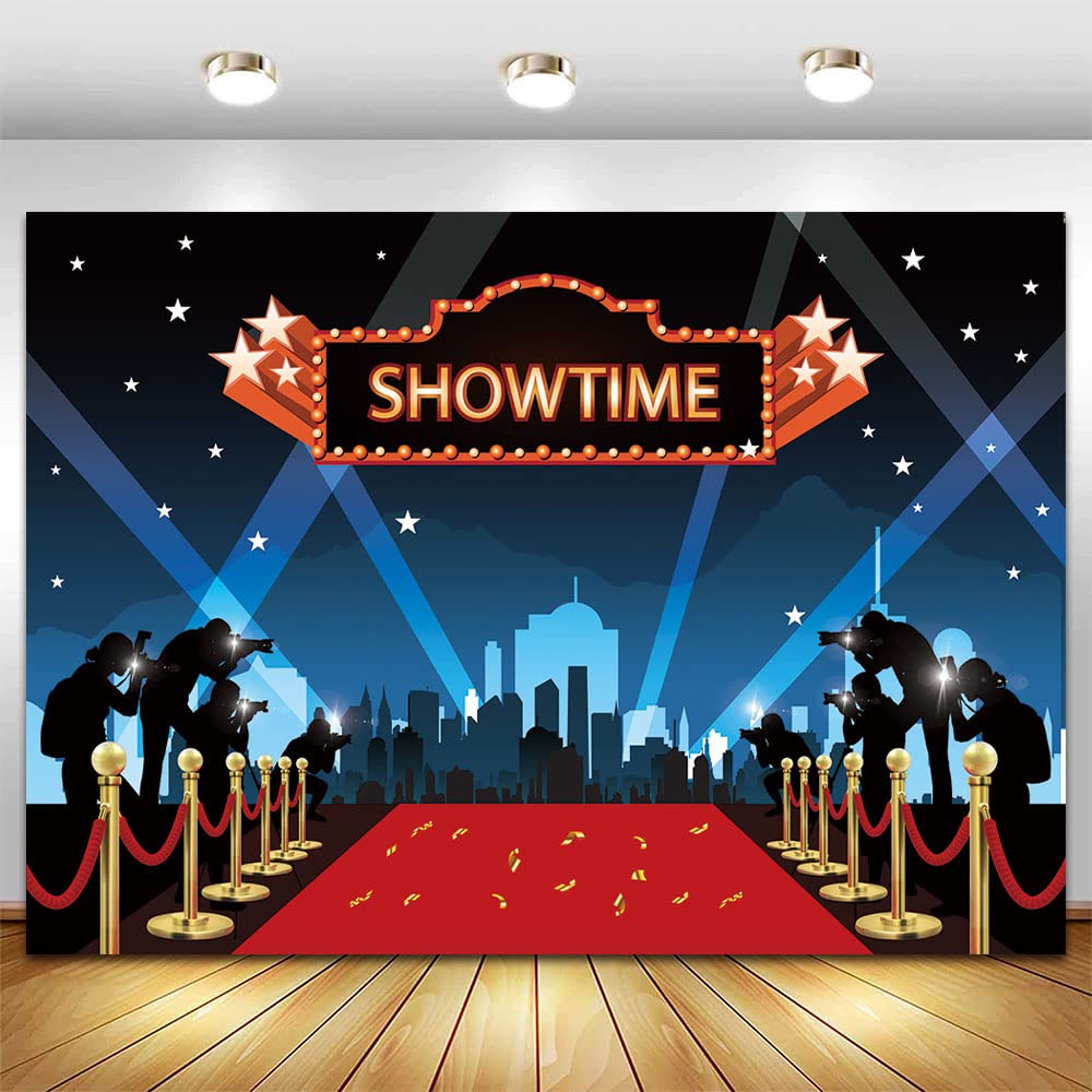 Photo 1 of Qian 7x5ft Show Time Red Carpet Photography Backdrop for Movie Star Themed Pajamas Party Photo Background Ceremony Party Photo Booth Props Banner