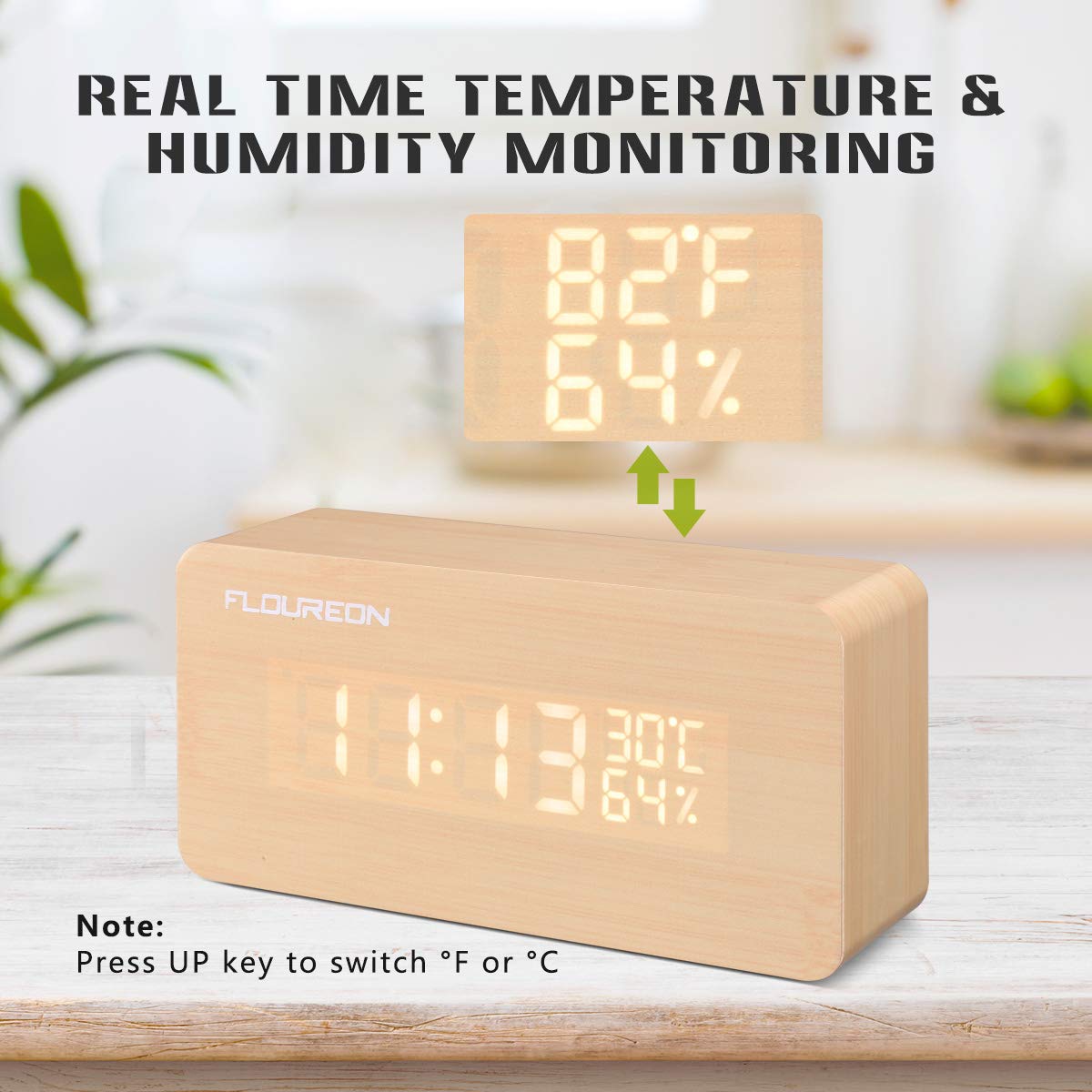 floureon Wooden LED Alarm Clock, FOULREN Wood Cube Digital Desk Alarm Clock with 3 Brightness Adjustable, 3 Set of Alarm, Dual Power, Voice Control, Time/Temperature/ Humidity Displaying (Wooden)