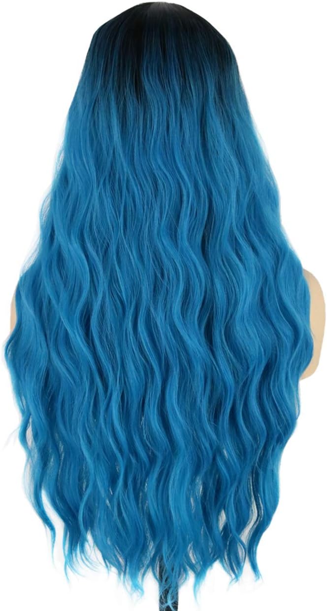 Topcosplay Women's Long Wavy Wig with Dark Roots Natural Looking Ombre Synthetic Wig for Cosplay Daily Use (Blue)