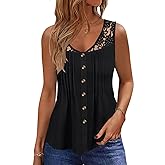 Womens Tank Tops Dressy Casual Summer Lace Sleeveless V Neck Tee Shirts Pleated Front Buttons Blouses