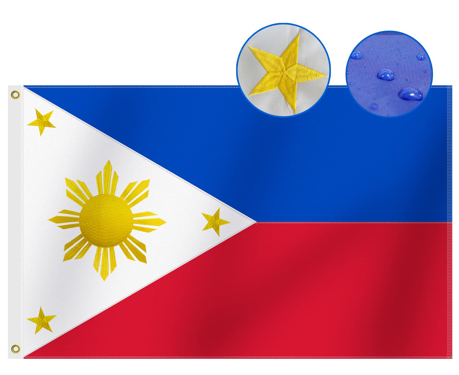 Heavy Duty Philippines Flag 3x5 Ft, Longest Lasting Oxford Nylon 210D | Embroidered Stars | Four Rows Stitching Fly Ends|Filipino Philippine National Flags Decoration Gift Yard House Banner — image 1