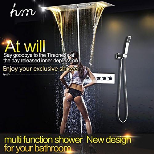 BL- Concealed Thermostat Shower Mirror Panel with 38x70CM Ceiling LED Shower Head Rainfall Mist Buble Column Waterfall Spout -T