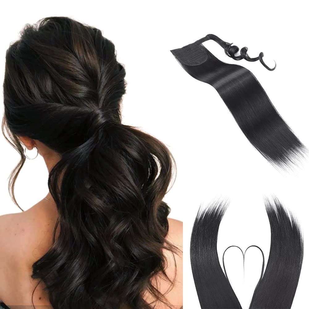 Ponytail Extension Wrap Around Long Straight Curly Clip in Ponytail Hair Extensions for Women Brown Black Blonde Hairpiece 23"-Straight, Dark Black