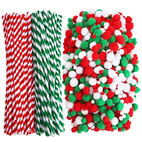 Livder 200 Pieces Christmas Red Green Pipe Chenille Cleaners Stems and 1000 Pieces Pom Poms Pompoms for DIY Art Crafts Decorations Supplies