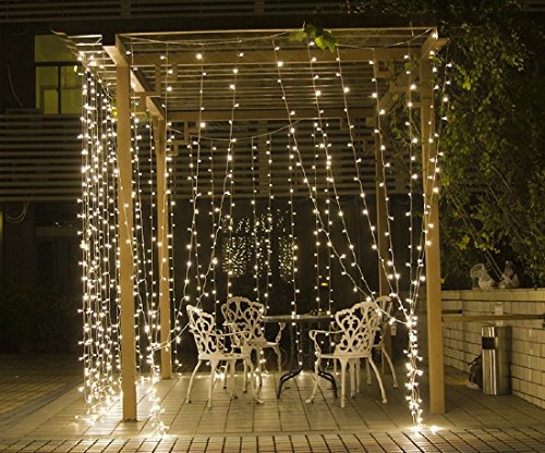 GreenClick 594 LEDs Fairy Curtain String Icicle Hanging Lights With Remote, 19.6ft Lenght-10ft Wide Christmas Waterfall Backdrop Lights, 8 Lighting Modes, UL Listed Adapter, 6 hours Timer, Warm White