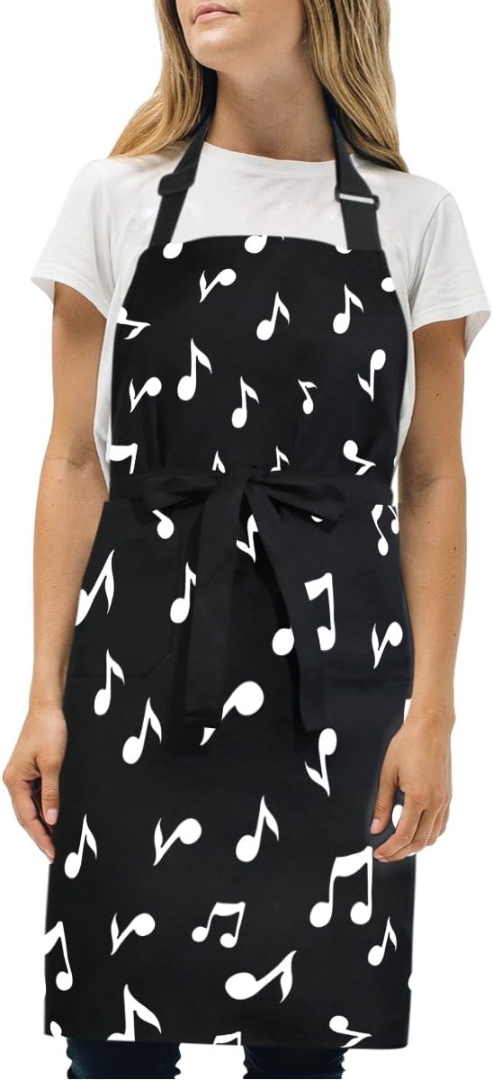 DEYYA Music Notes Adjustable Bib Apron Resistant with 2 Pockets Cooking Kitchen Aprons for Women Men Chef
