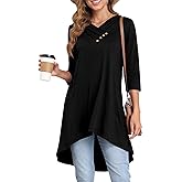 Naggoo Womens Long Shirts for Leggings 3/4 Sleeve Tunic Tops Loose Fit Dressy Casual V Neck High Low Tops Button Decor