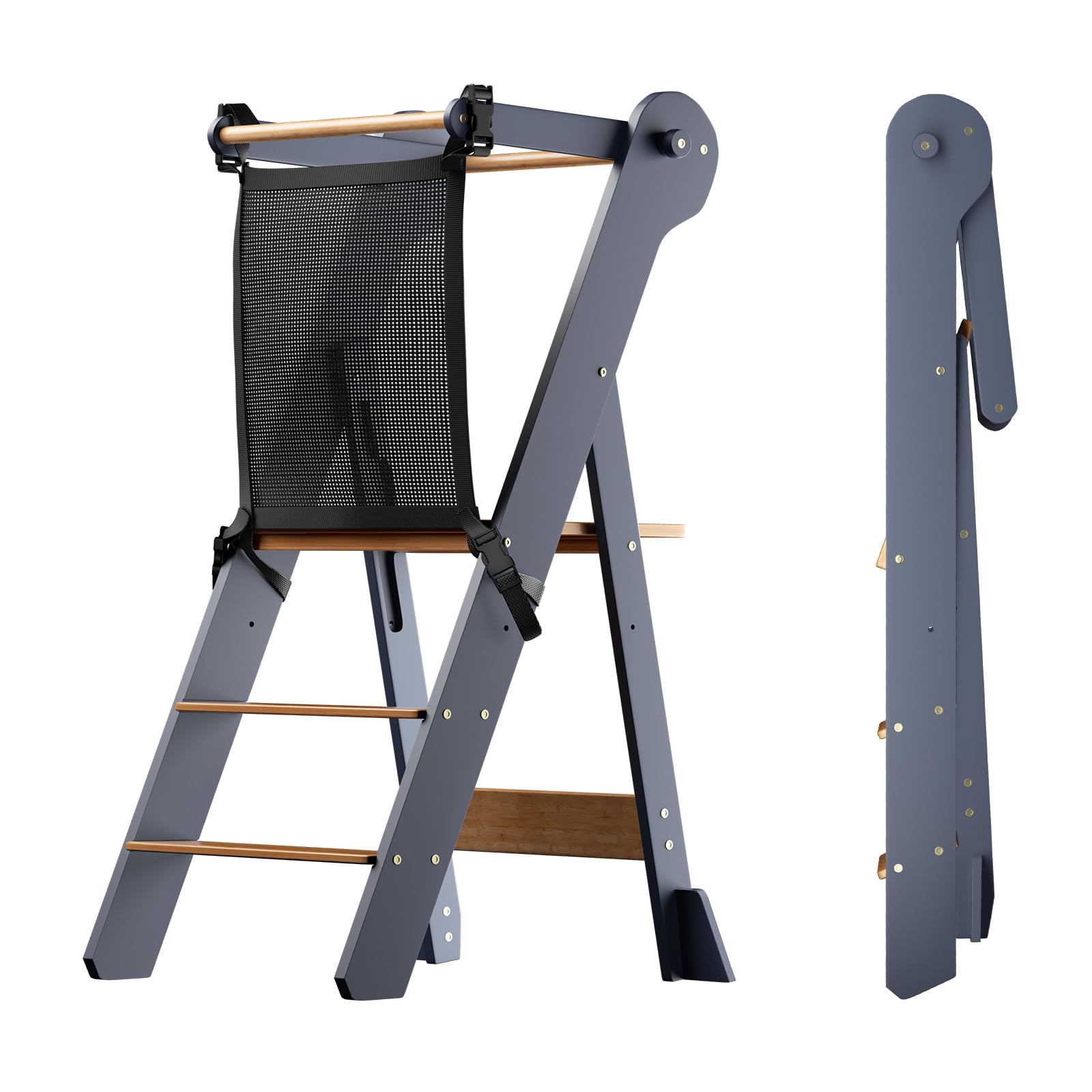 Photo 1 of COSYLAND Foldable Toddler Standing Tower - Adjustable Height Folding Step Stool Kids Toddler Kitchen Stool Helper for Learning and Cooking - Ages 18 Months to 6 Years with Safety net Natural & Grey