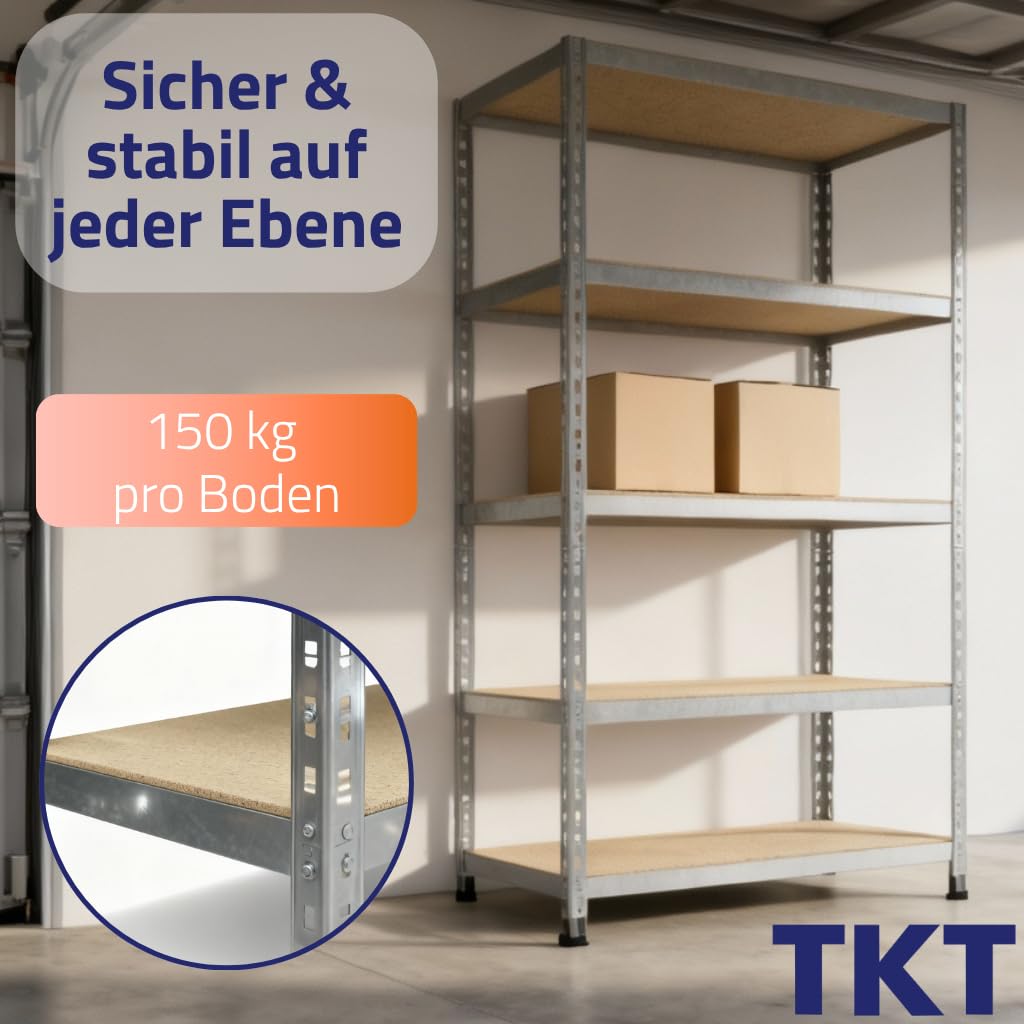 TKT – Work System Steckregal mit Holzböden 180x90x40cm - Verzinktes Regal mit 150kg Tragkraft pro Boden. Schwerlastregal mit 5 Böden für Werkstatt, Wohn- & Kellerraum 4