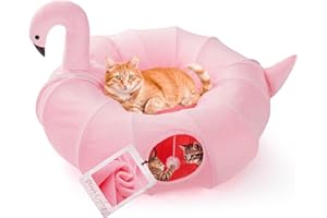 LOOBANI Large Cat Tunnel Bed, Collapsible Plush Cat Tunnel with Hanging Balls and Washable Mat, Multifunctional Cat Toys for Small Medium Large Kitten, Puppy, Rabbit (Flamingos Shape-Pink)