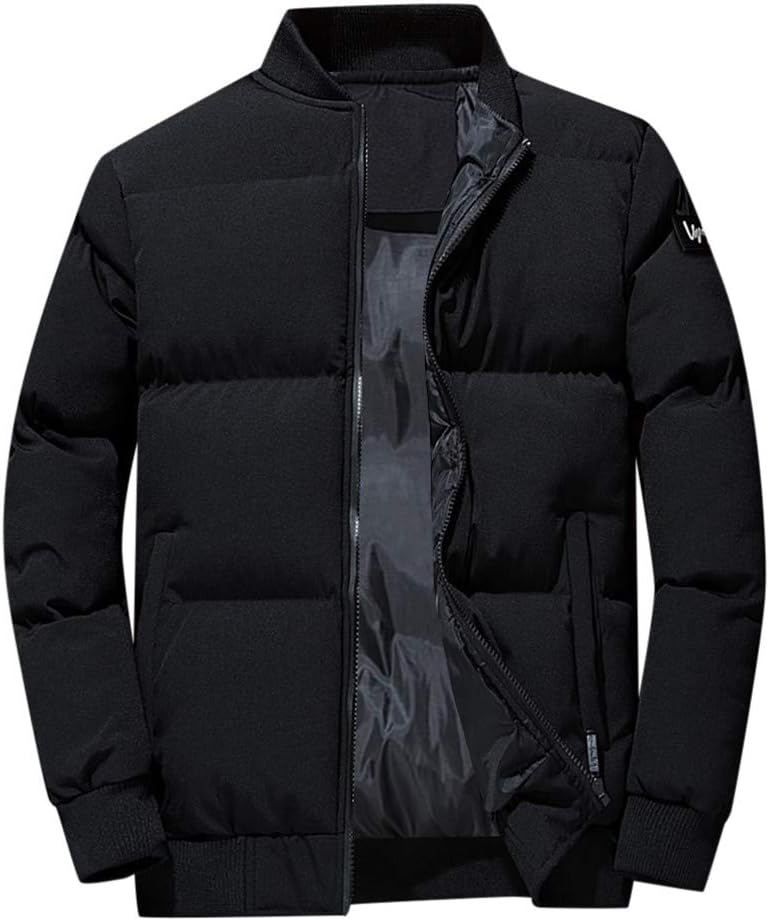 Men's Winter Autumn Warm Puffer Jacket Solid Color Pocket Stand Collar Zipper Outwear Casual Coat Top