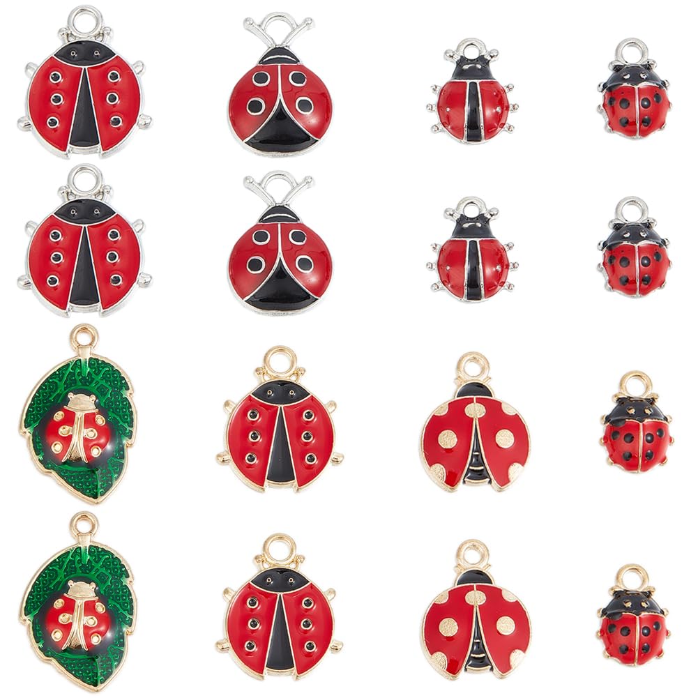 SUNNYCLUE 32PCS 8 STYLES Ladybug Charms Bulk Insect Charm Enamel Lucky Red Ladybird Ladybugs Insect Leaf Beetles Animals Charm Bulk for jewellery Making Charms Earrings Necklace Bracelets Diy Crafts