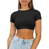 Haochic Womens Crop Tops Crewneck Y2K Summer T-Shirt Basic Short Sleeve Fitted Knit Ribbed Casual Blouse Cute Tee Shirt