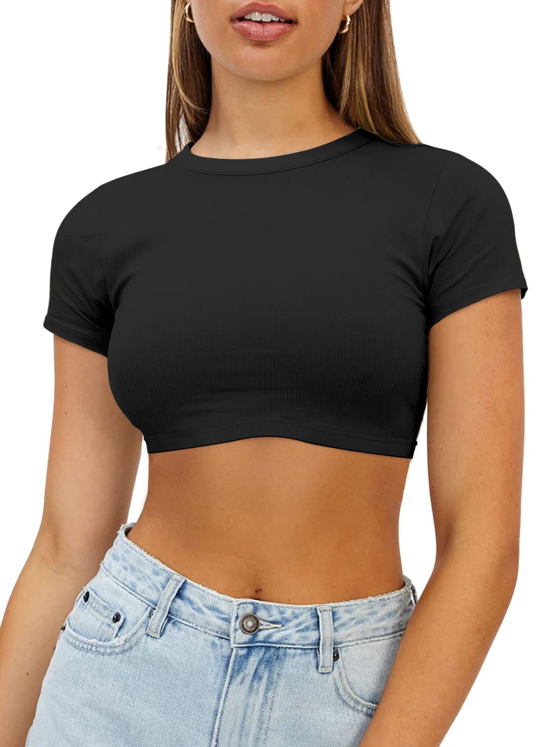 Photo 1 of Haochic Summer Crop Tops for Women Crewneck Y2K Slim T-Shirt Basic Short Sleeve Fitted Knit Ribbed Cute Tee Cropped Top Shirt Black L
