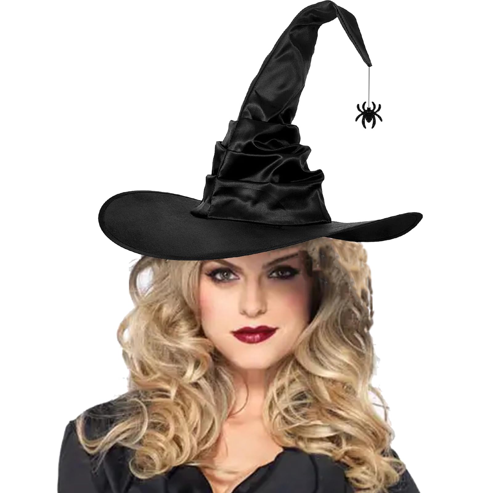 Halloween Witch Hat for Women Black Large Ruched Pointed Hat Wizard Hat Silk Satin Vampire Halloween Costume Fancy Dress Cap Pretender Party Carnivals Cosplay Ghost Costume Wicked Hat with Pendant