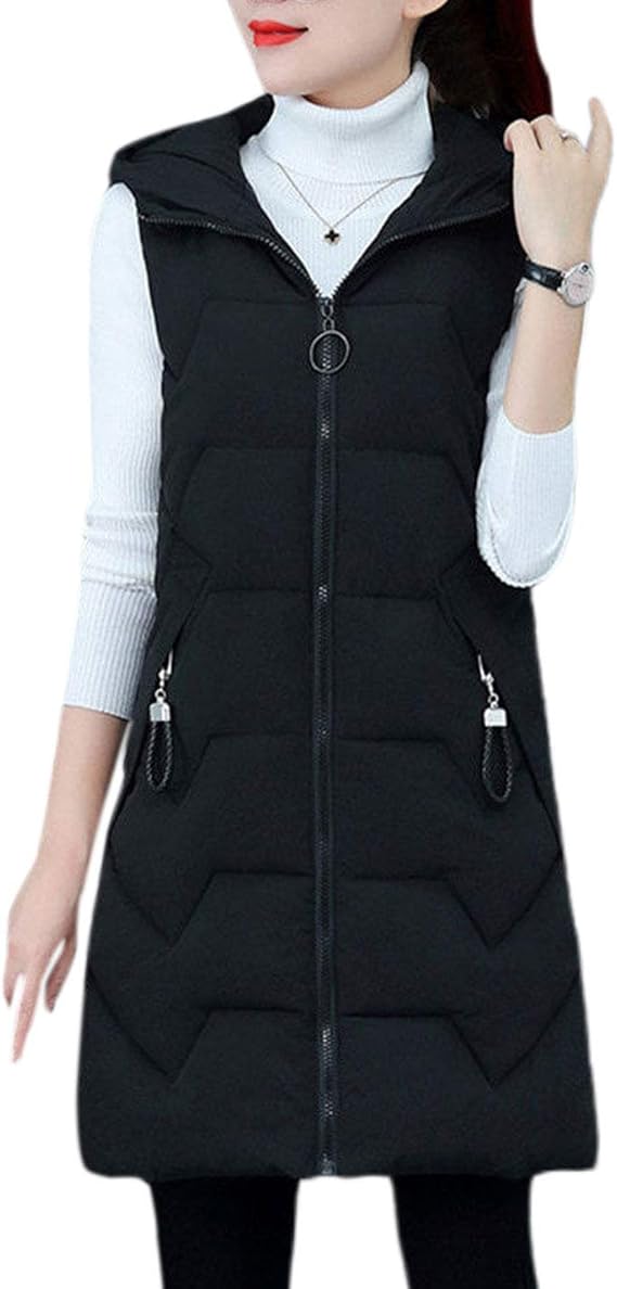 Yeokou Women's Slim Casual Sleeveless Hoodie Mid Long Puffer Quilted