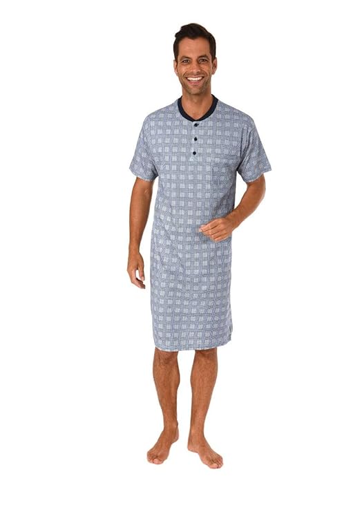 Normann Germany Herren Nachthemd, Rundhals mit Knopfleiste, Brusttasche, Kurzarm, Karo, Baumwolle, Übergrößen