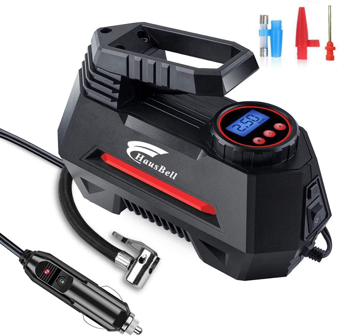 HAUSBELL Portable air Compressor for Car Tires, 12V DC Air Compressor tire inflator Pump, 150 PSI with Emergency LED Flashlight for Car, Motorcycles, Bicycles,Inflatables (Black): Automotive