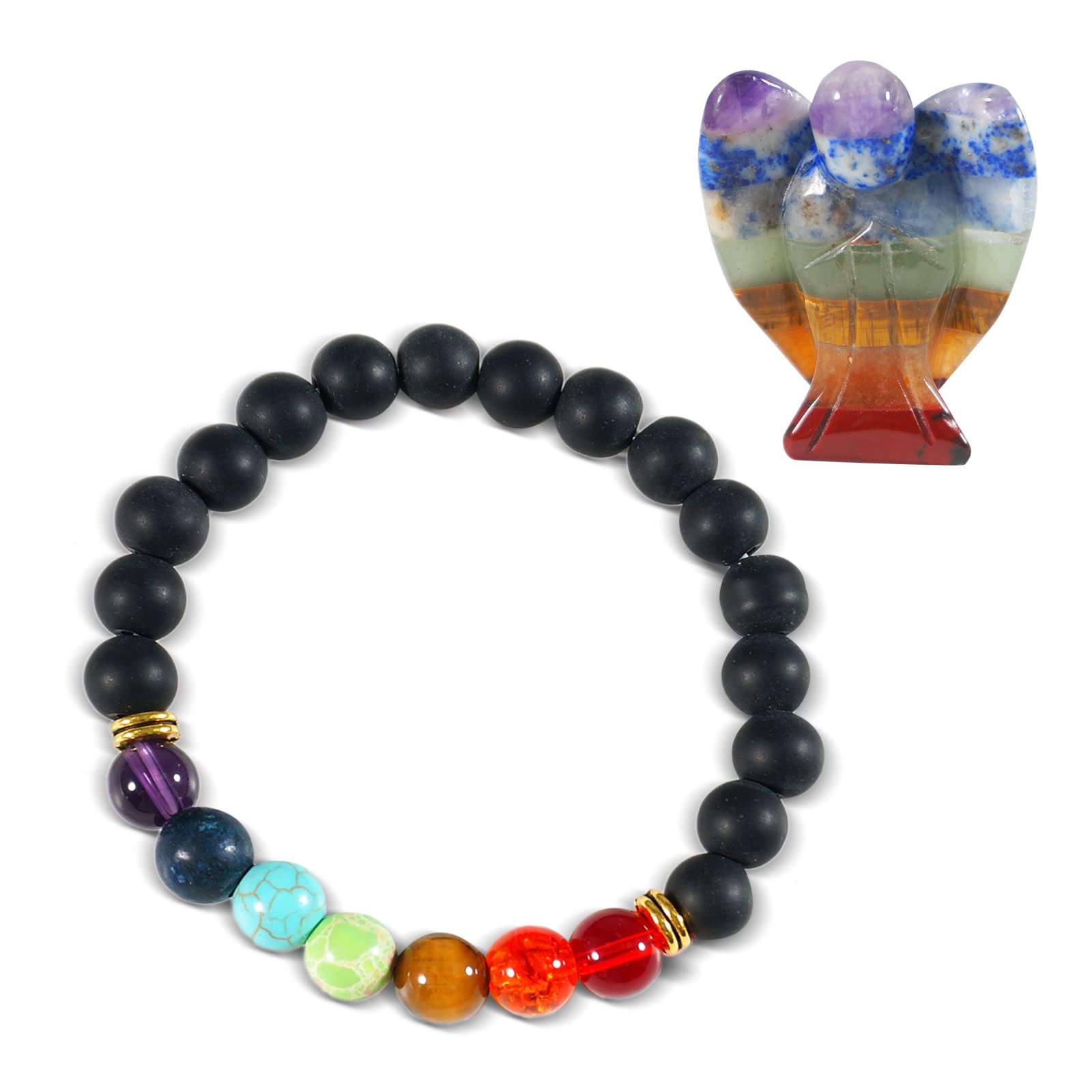 Soulnioi Seven Chakra Gemstone Pocket Guardian Angel Healing Figurine(33 * 42mm), 7 Chakra Beaded Stone Bracelet Scrub Yoga Bracelet 8mm, for Reiki Meditation Therapy Home Decor
