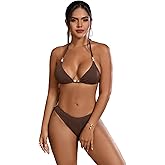 BEAUDRM Women's 2 Piece Solid Ribbed Knit Bikini Halter Tie Side Triangle Set High Cut Bikini Swimsuit Bathing Suit