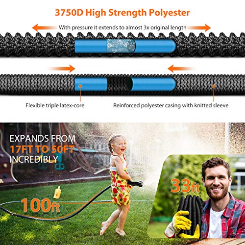 HooSeen Expandable Garden Hose, 100ft Flexible Kink-Free Water Hose with Double Latex Core, 3/4" Solid Nickel Plating Fitting and Shut Off Valve (100FT, Black)
