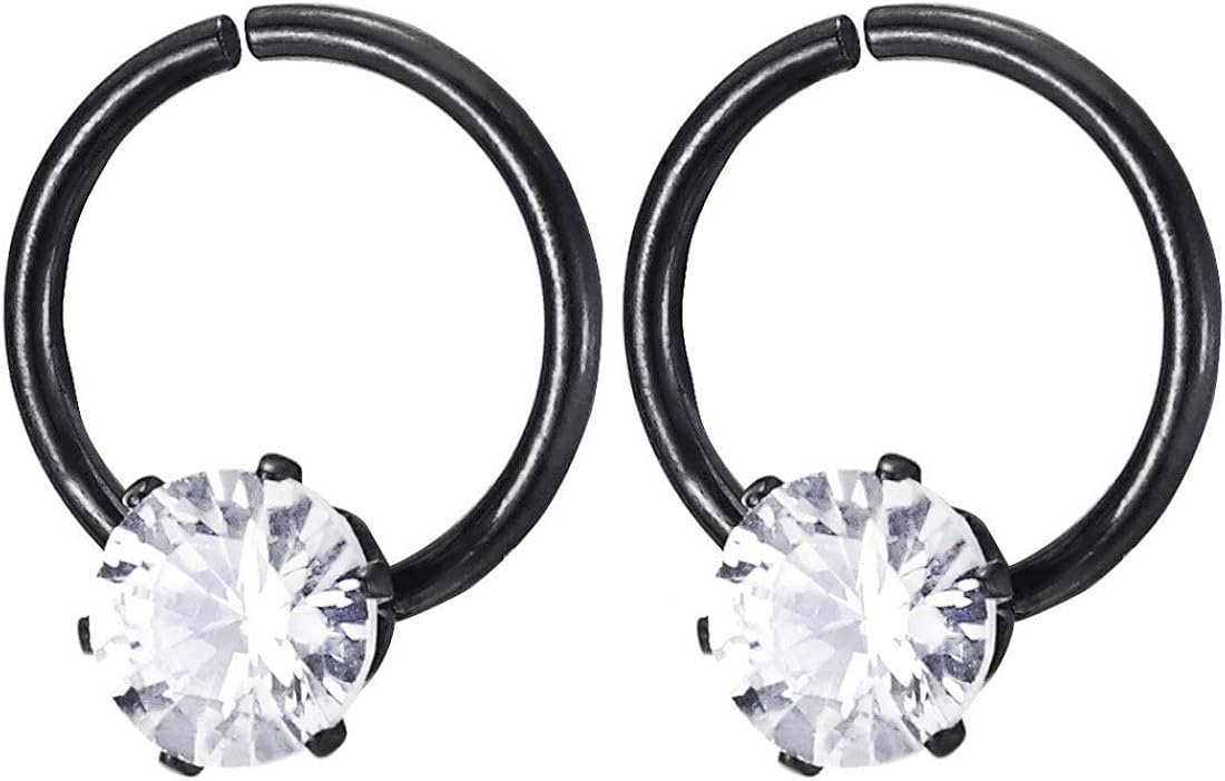 Mens Womens Steel Black Plain Circle Bead Huggie Hinged Hoop Earrings with Solitaire Cubic Zirconia