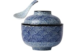 1 Set Japanese Style Covered Soup Bowl with Spoon Multi Function Soup Bowl for Ramen Noodles Udon and Salads