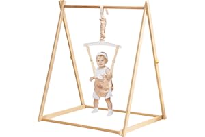FUNLIO Montessori Wooden Baby Jumper with Stand for 6-36 Months, Adjustable Baby Bouncer for Indoor/Outdoor Play, Foldable Toddler Jumper for Baby Girl/Boy, Easy to Assemble & Store