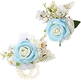Syueblm Wrist Corsage and Boutonniere Set, Artificial Rose Corsage Wristlet and Boutonniere for Wedding Prom Party (Light Blue 1 Boutonniere&1 Wrist Corsage)