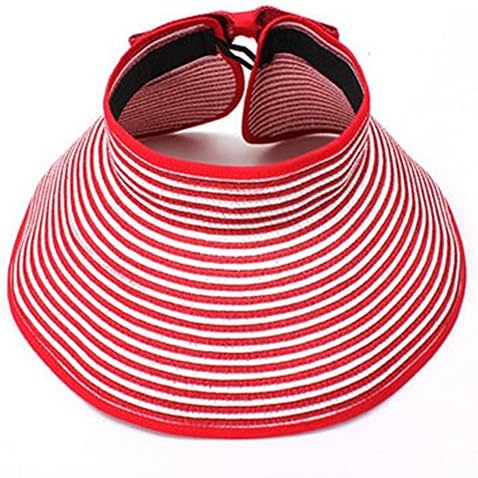 AStorePlus Women UPF 50+ Wide Brim Roll-up Straw Sun Visor Packable Summer Beach Hat Cap, Red Stripe