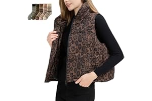 Puffer Vest Womens Leopard Print Vest, Puffer Vest Stand Collar Sleeveless Quilted Leopard Vest Jacket with Pockets