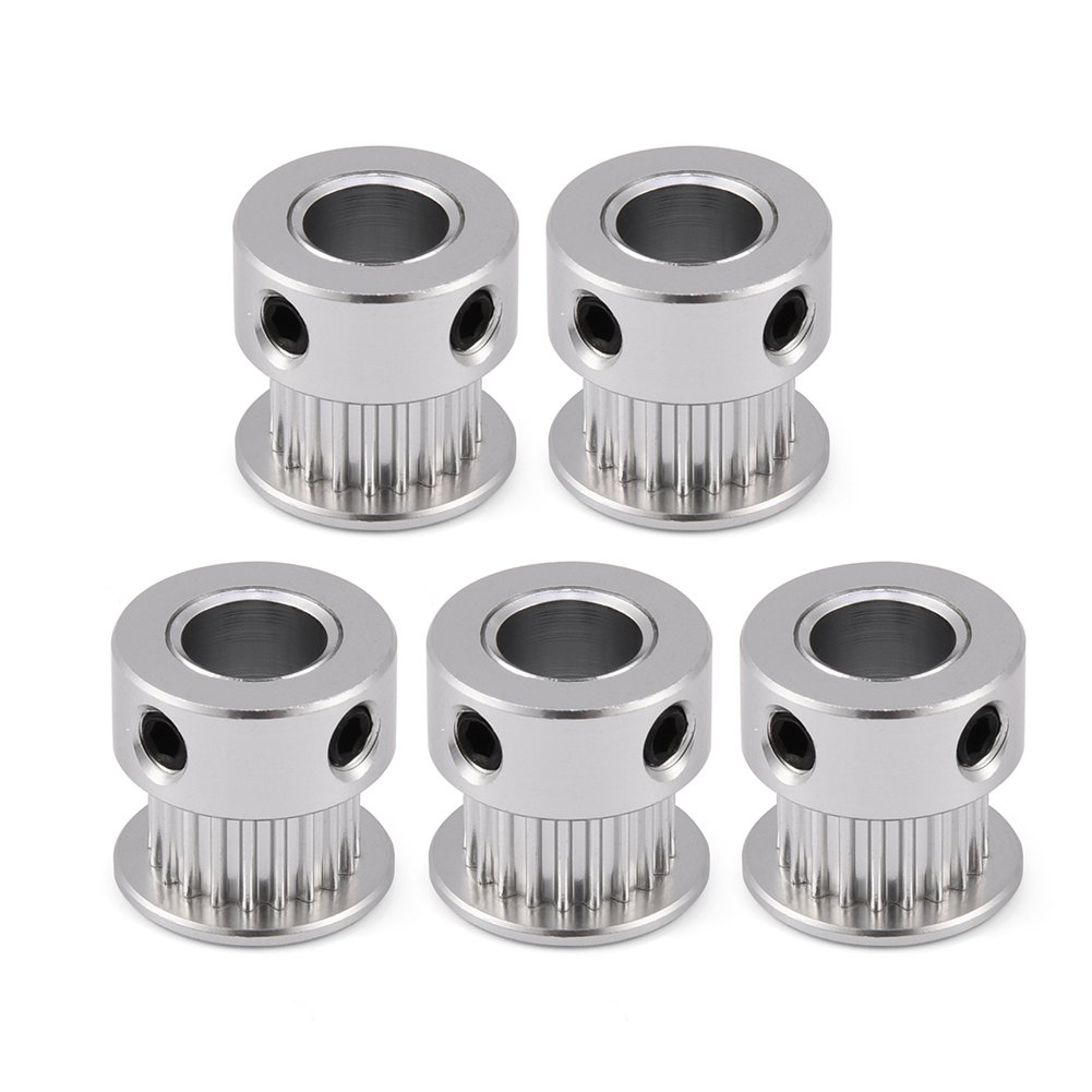 Bewinner 5 Pcs Timing Pulley, 20T 5mm / 8mm 3D printer timing pulley for 6mm timing belt, Aluminum Gear Synchronous wheel, Silver(8mm)