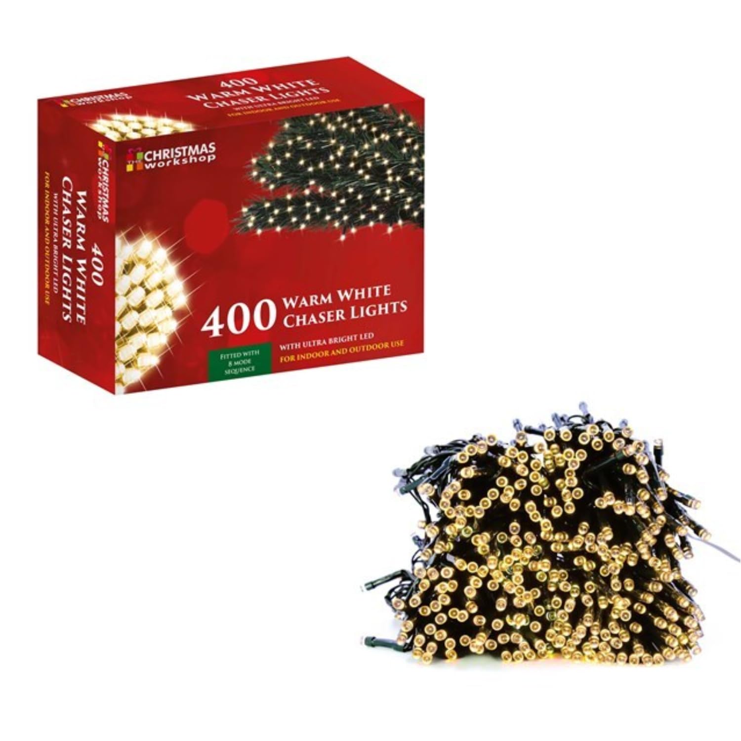 The Christmas Workshop 76180 400 Warm White LED Chaser Christmas Lights/Indoor or Outdoor Fairy Lights / 27.9 Metres / 8 Light Modes/Great for Christmas, Weddings & Gardens