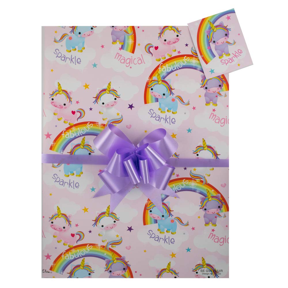 Cute Unicorn, Rainbow Gift Wrap Pack, Baby Girls Boys, Two Sheets, Two Matching Tags and Two Pale Lilac Co-ordinating Pull Bows. Perfect for Child Gift, Present