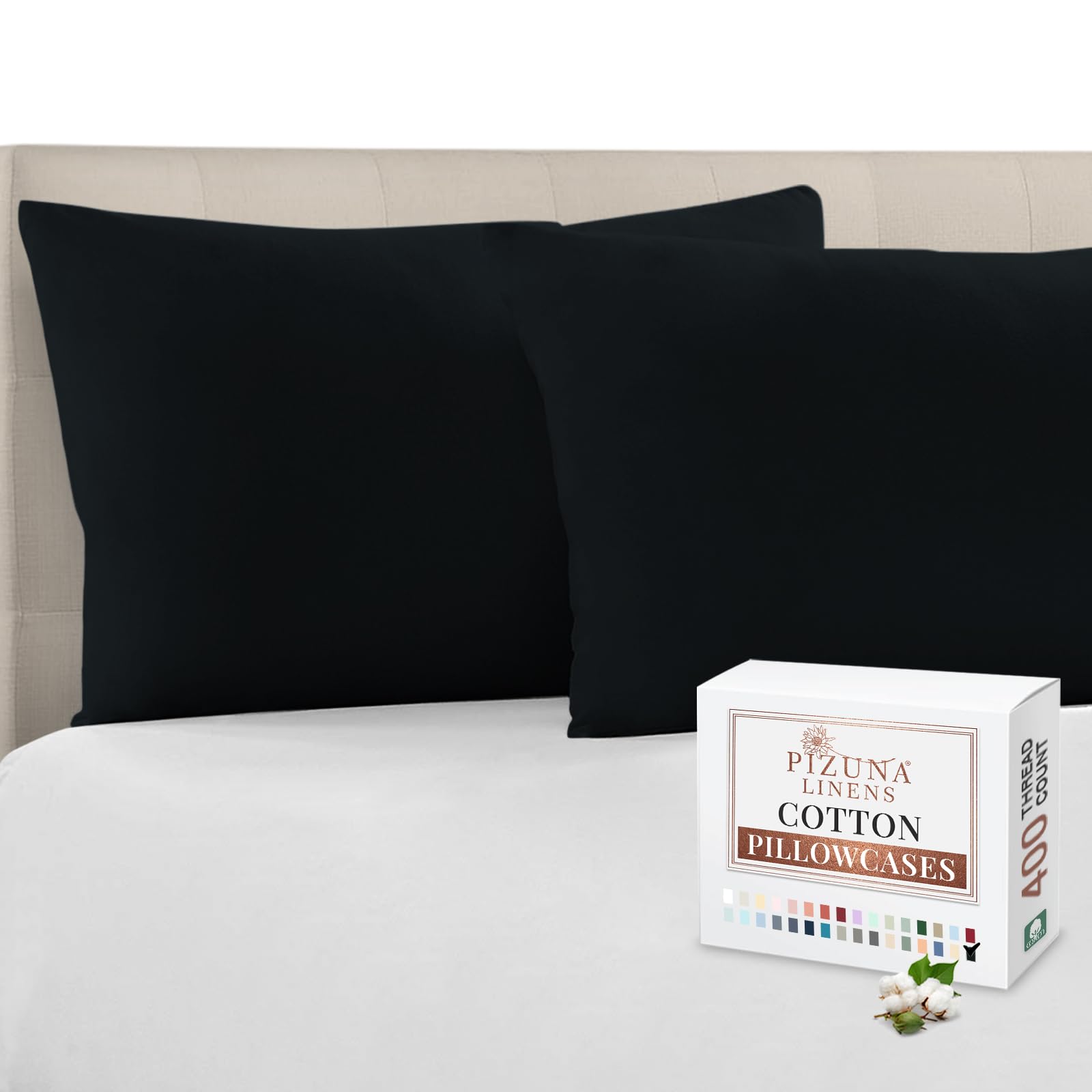 Pizuna 100% Cotton Housewife Pillowcases 2 Pack Black 48x74cm, 400 Thread Count Long Staple Combed Cotton Pillow Cover, Sateen Weave Standard Housewife Pillowcase (Cotton Pillowcase Pack of 2)
